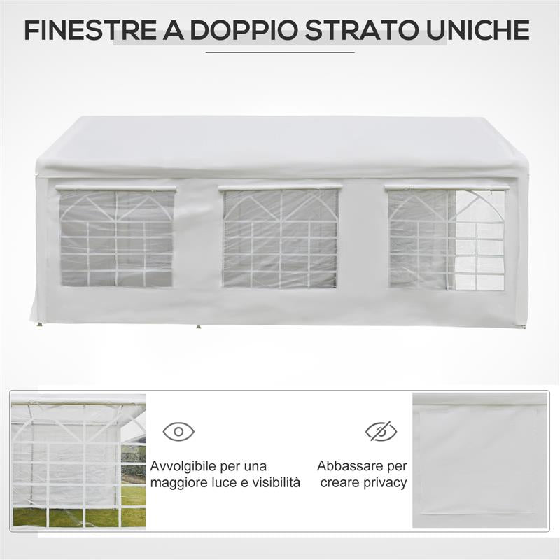 GAZEBO DA GIARDINO 6X3 M CON FINESTRE LATERALI 3 STANZE E PORTE A CERNIERA BIANCO