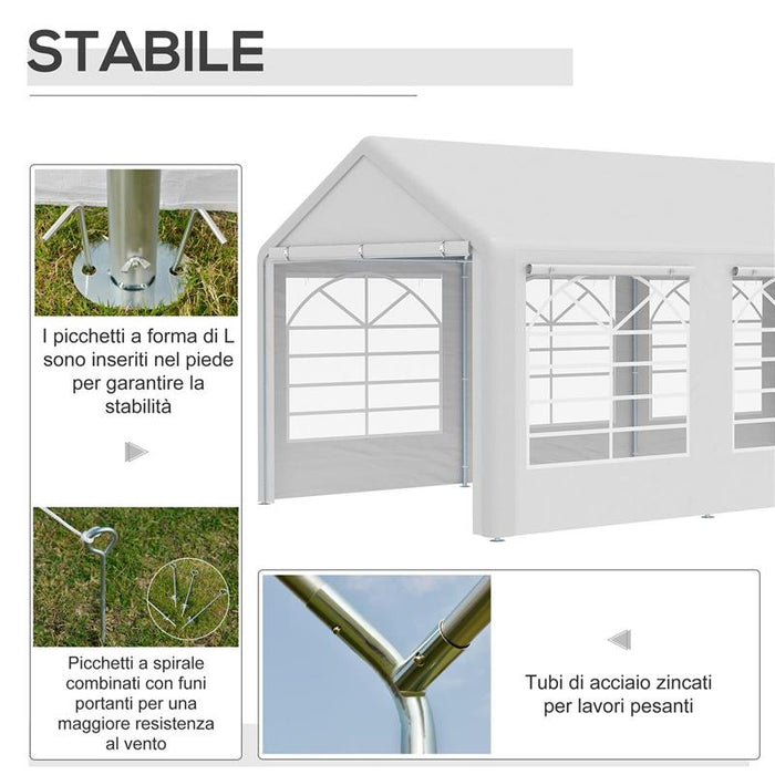 GAZEBO DA GIARDINO 6X3 M CON FINESTRE LATERALI 3 STANZE E PORTE A CERNIERA BIANCO