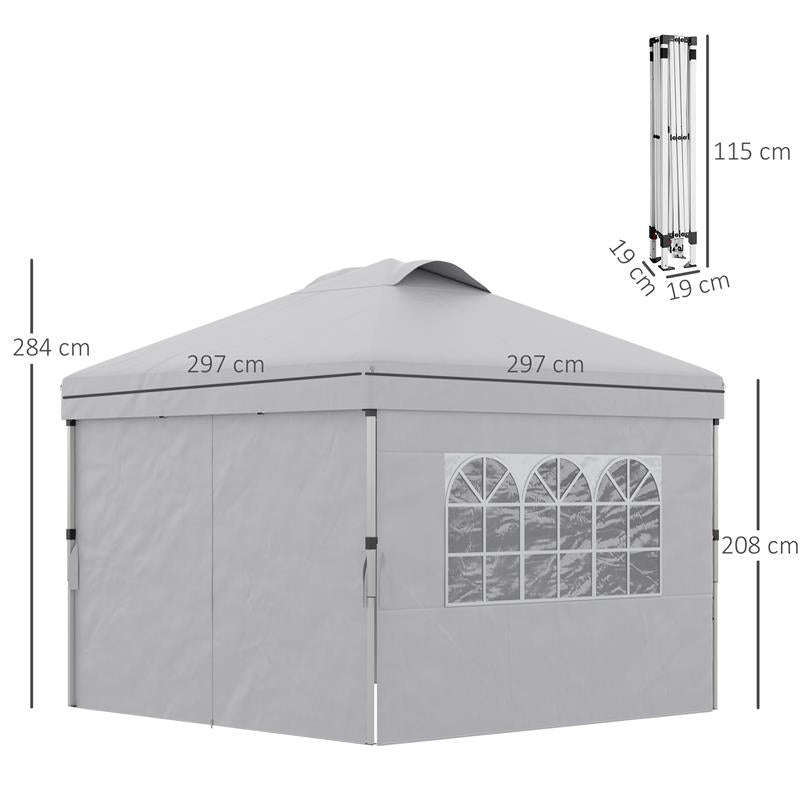 GAZEBO PIEGHEVOLE 3X3 M CON ALTEZZA REGOLABILE SU 3 LIVELLI FINESTRE E BORSA DI TRASPORTO GRIGIO CHIARO