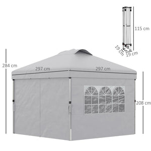 GAZEBO PIEGHEVOLE 3X3 M CON ALTEZZA REGOLABILE SU 3 LIVELLI FINESTRE E BORSA DI TRASPORTO GRIGIO CHIARO