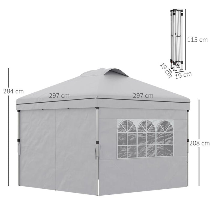 GAZEBO PIEGHEVOLE 3X3 M CON ALTEZZA REGOLABILE SU 3 LIVELLI FINESTRE E BORSA DI TRASPORTO GRIGIO CHIARO