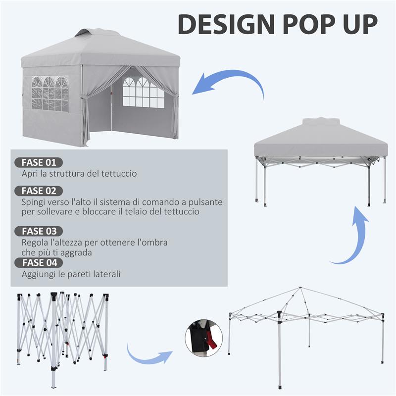 GAZEBO PIEGHEVOLE 3X3 M CON ALTEZZA REGOLABILE SU 3 LIVELLI FINESTRE E BORSA DI TRASPORTO GRIGIO CHIARO
