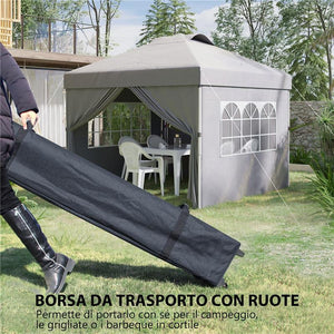 GAZEBO PIEGHEVOLE 3X3 M CON ALTEZZA REGOLABILE SU 3 LIVELLI FINESTRE E BORSA DI TRASPORTO GRIGIO CHIARO