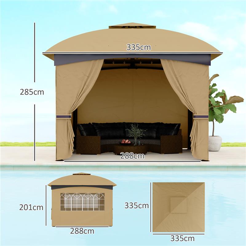 GAZEBO DA GIARDINO 3.4X3.4M CON PARETI PROTEZIONE UV E TETTO A 2 LIVELLI BEIGE