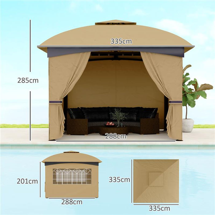 GAZEBO DA GIARDINO 3.4X3.4M CON PARETI PROTEZIONE UV E TETTO A 2 LIVELLI BEIGE