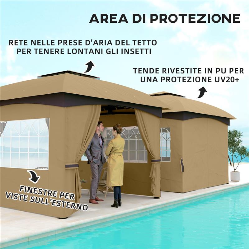 GAZEBO DA GIARDINO 3.4X3.4M CON PARETI PROTEZIONE UV E TETTO A 2 LIVELLI BEIGE
