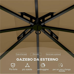 GAZEBO DA GIARDINO 3.4X3.4M CON PARETI PROTEZIONE UV E TETTO A 2 LIVELLI BEIGE