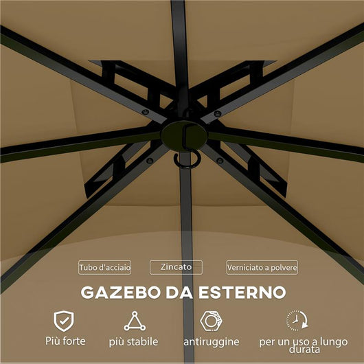 GAZEBO DA GIARDINO 3.4X3.4M CON PARETI PROTEZIONE UV E TETTO A 2 LIVELLI BEIGE