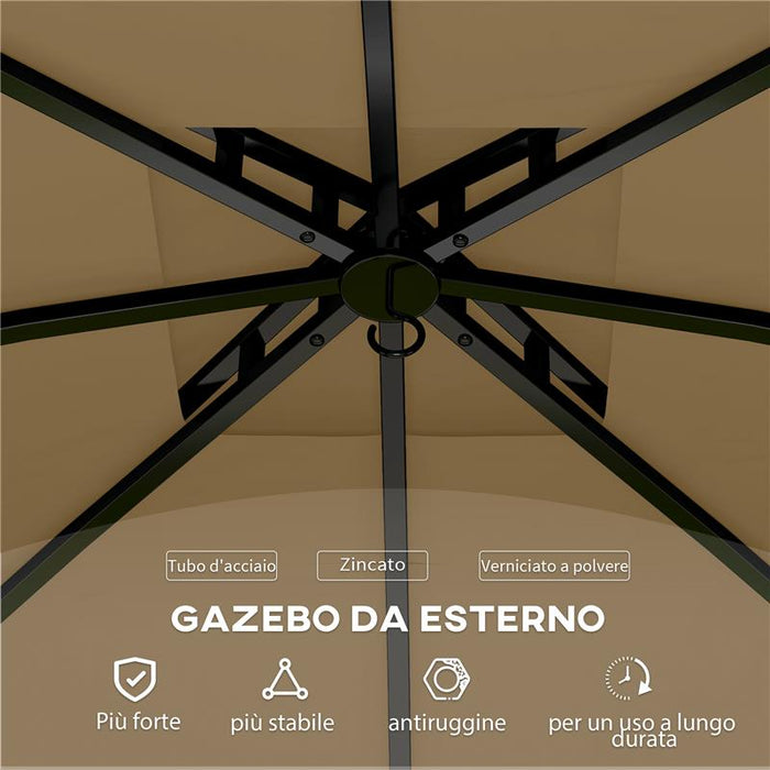 GAZEBO DA GIARDINO 3.4X3.4M CON PARETI PROTEZIONE UV E TETTO A 2 LIVELLI BEIGE