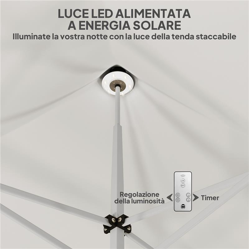 GAZEBO DA GIARDINO POP UP 3X3 M AD ALTEZZA REGOLABILE CON LUCI LED SOLARI IN TESSUTO OXFORD E METALLO BIANCO