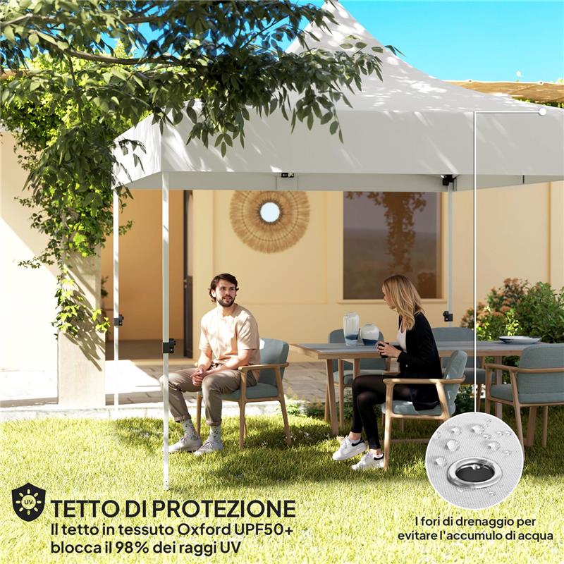 GAZEBO DA GIARDINO POP UP 3X3 M AD ALTEZZA REGOLABILE CON LUCI LED SOLARI IN TESSUTO OXFORD E METALLO BIANCO