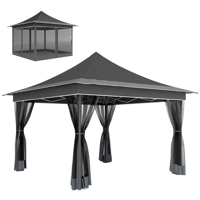 GAZEBO DA GIARDINO AD ALTEZZA REGOLABILE CON ZANZARIERA IN POLIESTERE E METALLO 357X357X310 CM GRIGIO SCURO