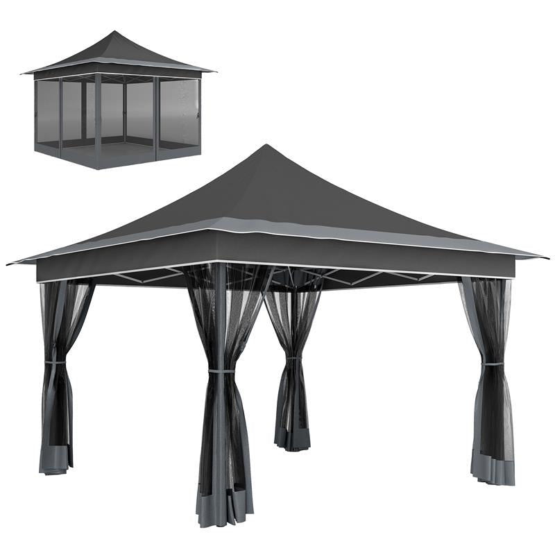 GAZEBO DA GIARDINO AD ALTEZZA REGOLABILE CON ZANZARIERA IN POLIESTERE E METALLO 357X357X310 CM GRIGIO SCURO
