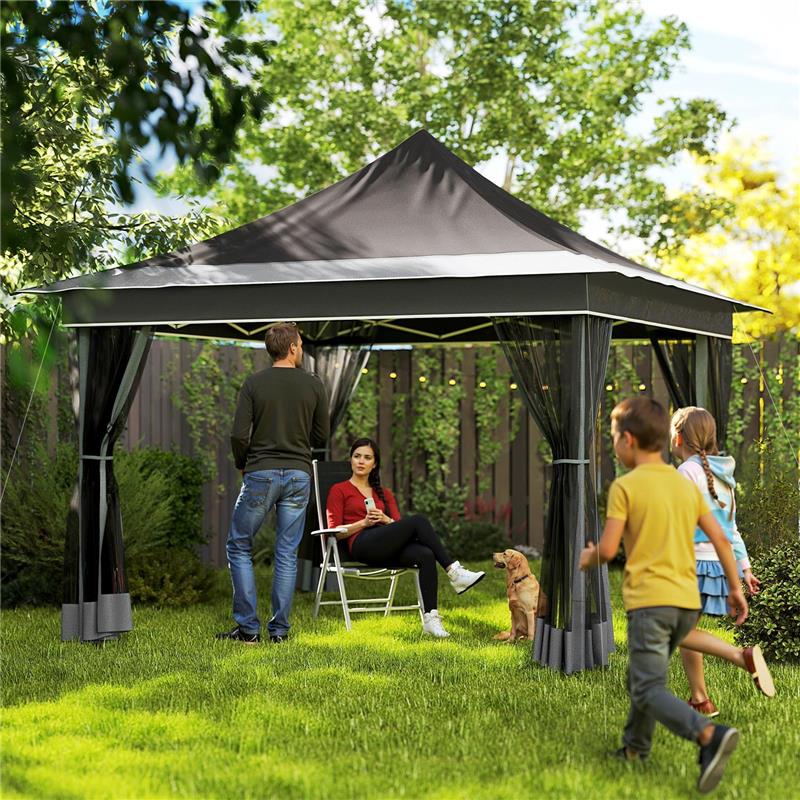 GAZEBO DA GIARDINO AD ALTEZZA REGOLABILE CON ZANZARIERA IN POLIESTERE E METALLO 357X357X310 CM GRIGIO SCURO