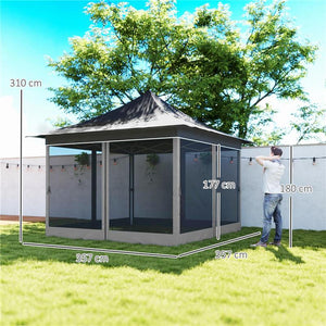 GAZEBO DA GIARDINO AD ALTEZZA REGOLABILE CON ZANZARIERA IN POLIESTERE E METALLO 357X357X310 CM GRIGIO SCURO