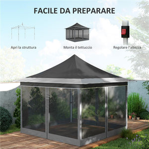 GAZEBO DA GIARDINO AD ALTEZZA REGOLABILE CON ZANZARIERA IN POLIESTERE E METALLO 357X357X310 CM GRIGIO SCURO