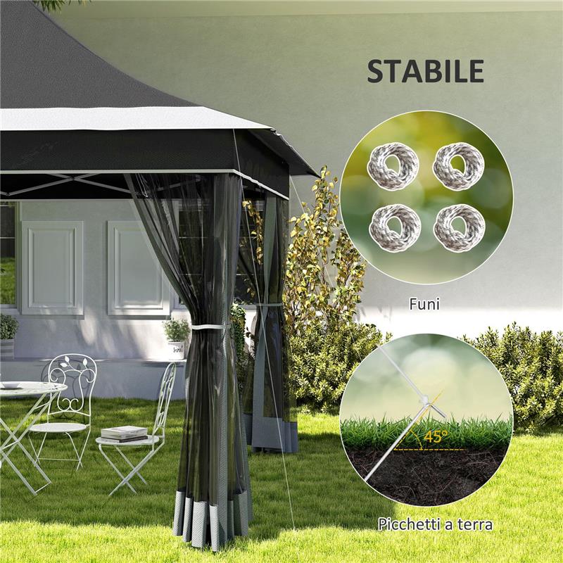 GAZEBO DA GIARDINO AD ALTEZZA REGOLABILE CON ZANZARIERA IN POLIESTERE E METALLO 357X357X310 CM GRIGIO SCURO