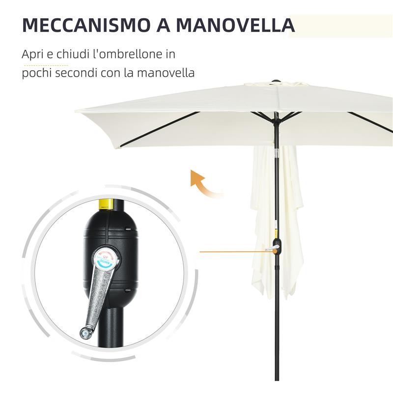 OMBRELLONE RETTANGOLARE 2X3 M PIEGHEVOLE E REGOLABILE CON MANOVELLA IN ALLUMINIO E POLIESTERE BIANCO CREMA