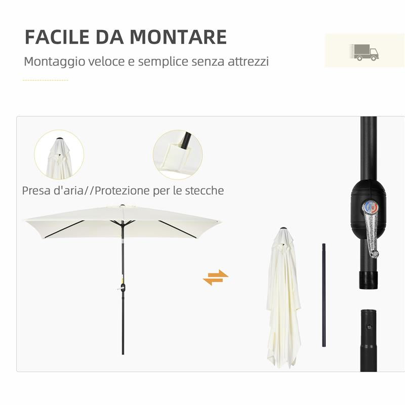 OMBRELLONE RETTANGOLARE 2X3 M PIEGHEVOLE E REGOLABILE CON MANOVELLA IN ALLUMINIO E POLIESTERE BIANCO CREMA