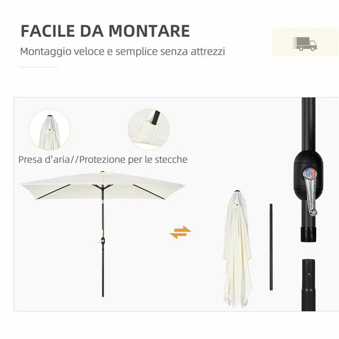 OMBRELLONE RETTANGOLARE 2X3 M PIEGHEVOLE E REGOLABILE CON MANOVELLA IN ALLUMINIO E POLIESTERE BIANCO CREMA