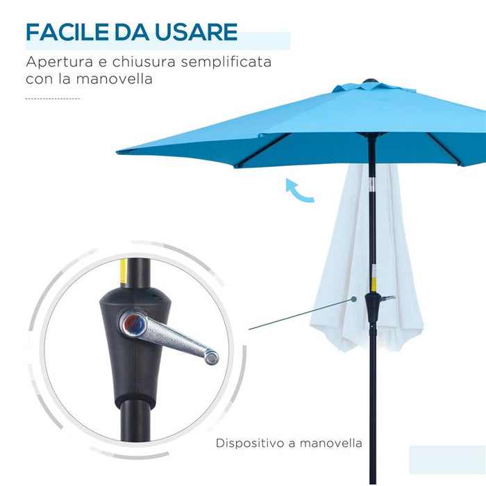OMBRELLONE DA GIARDINO Ø 2.6X2.4 M CON MANOVELLA E TESTA INCLINABILE IN ALLUMINIO E POLIESTERE BLU