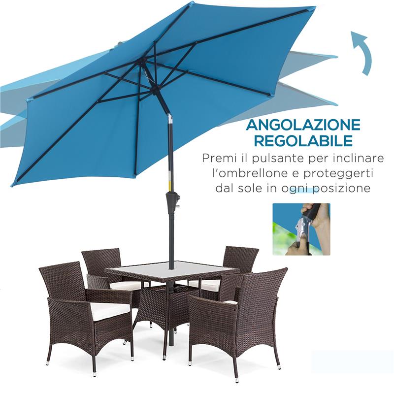 OMBRELLONE DA GIARDINO Ø 2.6X2.4 M CON MANOVELLA E TESTA INCLINABILE IN ALLUMINIO E POLIESTERE BLU