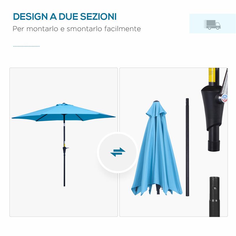 OMBRELLONE DA GIARDINO Ø 2.6X2.4 M CON MANOVELLA E TESTA INCLINABILE IN ALLUMINIO E POLIESTERE BLU