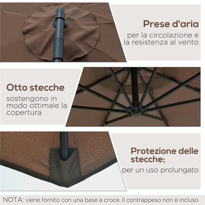 OMBRELLONE DECENTRATO Ø 3X2.5 M CON BASE A CROCE E MANOVELLA IN ACCIAIO E POLIESTERE COLOR CAFFÈ