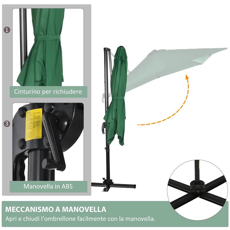 OMBRELLONE DA GIARDINO A MANOVELLA 2.5X2.5 M CON ROTAZIONE 360° E PARASOLE REGOLABILE VERDE