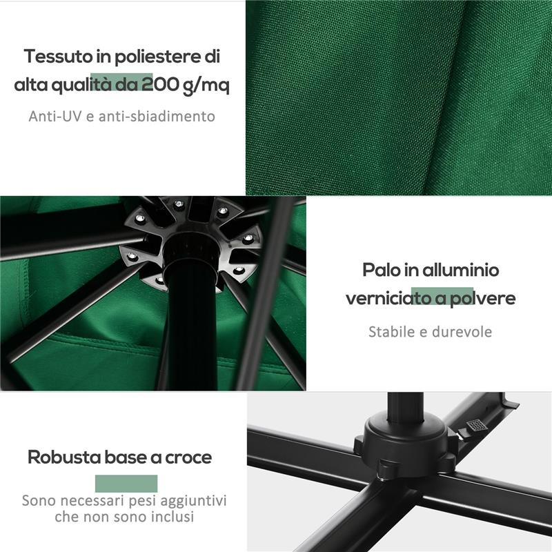 OMBRELLONE DA GIARDINO A MANOVELLA 2.5X2.5 M CON ROTAZIONE 360° E PARASOLE REGOLABILE VERDE