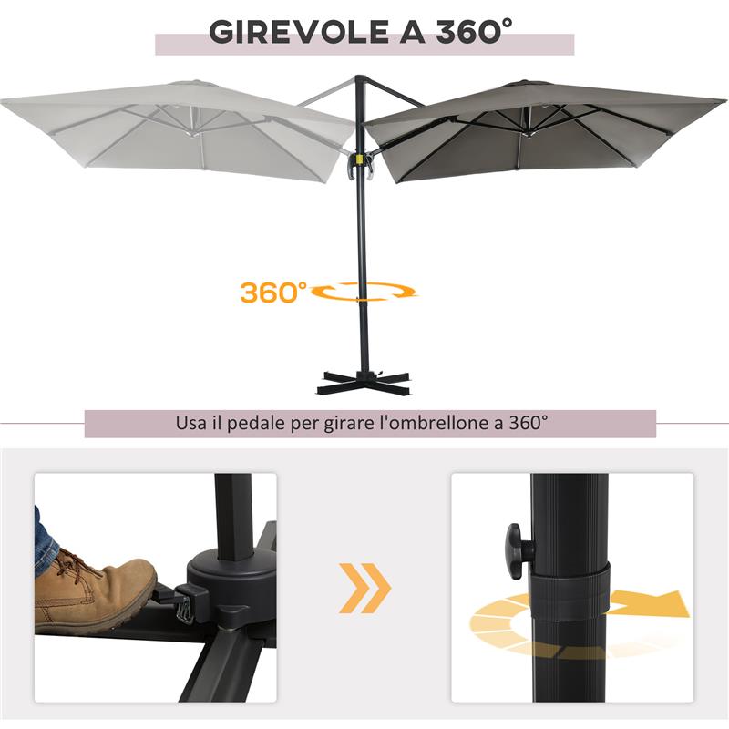 OMBRELLONE DA GIARDINO A MANOVELLA 2.5X2.5 M CON ROTAZIONE 360° E PARASOLE REGOLABILE GRIGIO CHIARO
