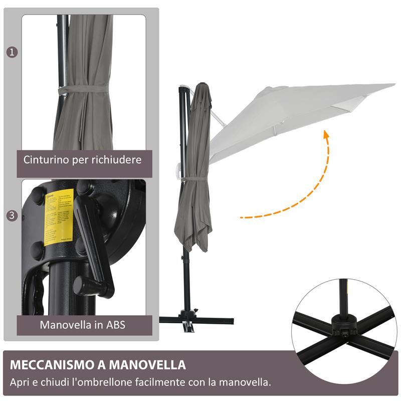 OMBRELLONE DA GIARDINO A MANOVELLA 2.5X2.5 M CON ROTAZIONE 360° E PARASOLE REGOLABILE GRIGIO CHIARO