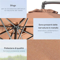 OMBRELLONE DECENTRATO A 6 STECCHE CON MANOVELLA E BASE A CROCE IN METALLO E POLIESTERE Ø 292X247 CM CAFFÈ