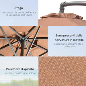 OMBRELLONE DECENTRATO A 6 STECCHE CON MANOVELLA E BASE A CROCE IN METALLO E POLIESTERE Ø 292X247 CM CAFFÈ