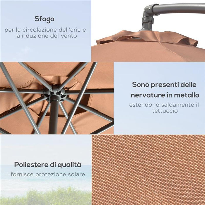 OMBRELLONE DECENTRATO A 6 STECCHE CON MANOVELLA E BASE A CROCE IN METALLO E POLIESTERE Ø 292X247 CM CAFFÈ