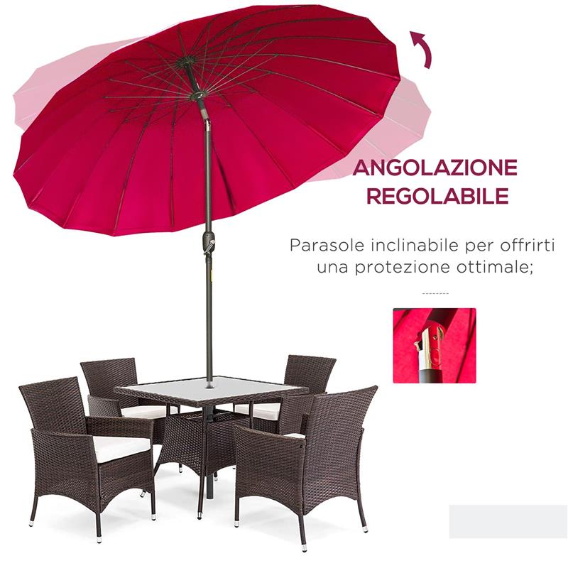 OMBRELLONE ROTONDO PIEGHEVOLE A 18 STECCHE CON MANOVELLA IN METALLO E POLIESTERE Ø 250X240 CM ROSSO VINO