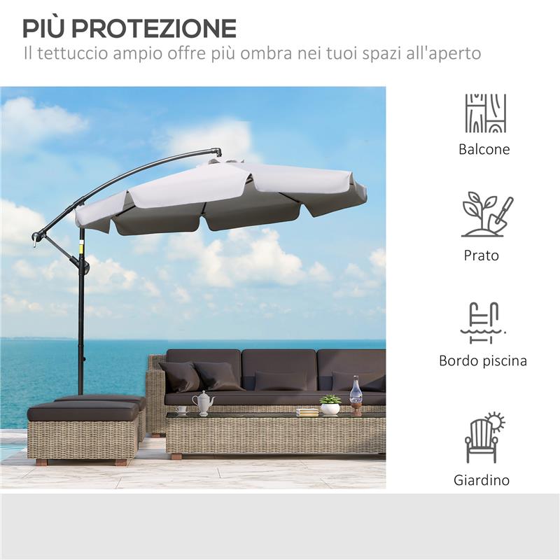 OMBRELLONE DA GIARDINO A BRACCIO CON APERTURA A MANOVELLA IN METALLO E POLIESTERE Ø 2.7X2.7 M GRIGIO CHIARO