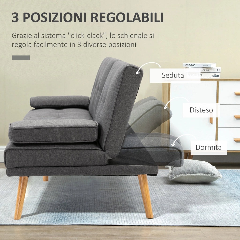 EasyComfort Divano Letto 3 Posti Reclinabile con 2 Braccioli Staccabili, in Tessuto Effetto Lino e Legno di Pioppo, 181x77x78 cm