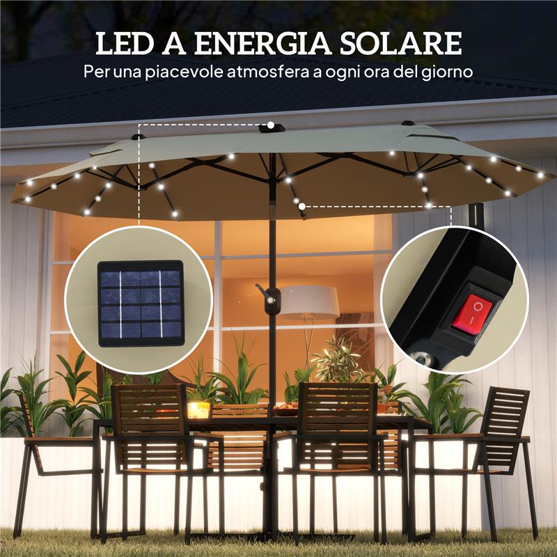 OMBRELLONE DOPPIO CON LUCI LED E BASE A CROCE IN POLIESTERE E ACCIAIO 295X150X219 CM BIANCO CREMA