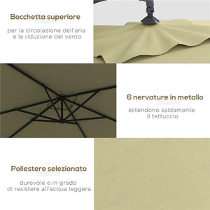 OMBRELLONE DA GIARDINO DECENTRATO CON BASE A CROCE E APERTURA A MANOVELLA 294X193CM BEIGE