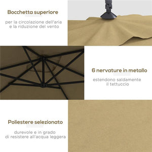 OMBRELLONE DA GIARDINO DECENTRATO CON BASE A CROCE E APERTURA A MANOVELLA 294X193 CM MARRONE