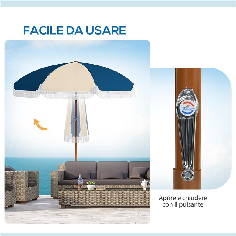 OMBRELLONE ROTONDO E INCLINABILE A 8 STECCHE CON MANOVELLA IN POLIESTERE E ACCIAIO Ø 213X234 CM BLU E BEIGE