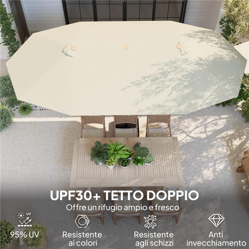 OMBRELLONE DOPPIO CON APERTURA A MANOVELLA IN ACCIAIO INOX E POLIESTERE 455X265X238 CM BEIGE