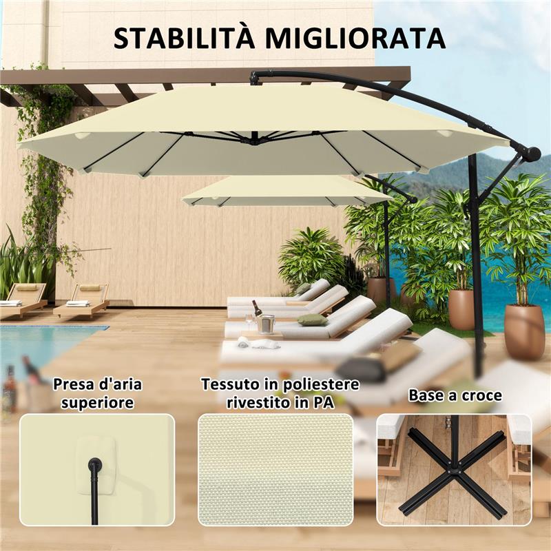 OMBRELLONE A SBALZO CON COPERTURA REGOLABILE E BASE A CROCE IN METALLO E POLIESTERE 260X304X245 CM CREMA