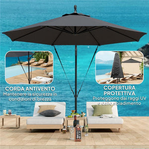 OMBRELLONE DA GIARDINO ROTONDO INCLINABILE E GIREVOLE MANOVELLA E PROTEZIONE UPF 50+ Ø 3 M GRIGIO SCURO