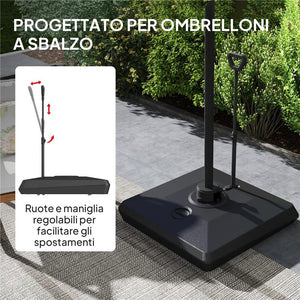 BASE PER OMBRELLONE A SBALZO IN HDPE CON MANIGLIA E RUOTE E RIEMPIBILE CON ACQUA O SABBIA 95X95X117 CM NERO