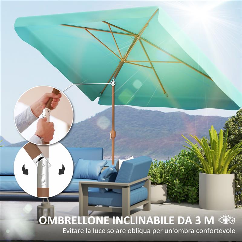 OMBRELLONE DA GIARDINO 2X3 M CON APERTURA A MANOVELLA INCLINABILE E ANTI UV 50+ TURCHESE