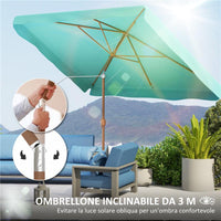 OMBRELLONE DA GIARDINO 2X3 M CON APERTURA A MANOVELLA INCLINABILE E ANTI UV 50+ TURCHESE