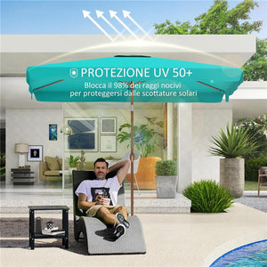 OMBRELLONE DA GIARDINO 2X3 M CON APERTURA A MANOVELLA INCLINABILE E ANTI UV 50+ TURCHESE