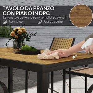 SET TAVOLO DA GIARDINO ALLUNGABILE CON 6 SEDIE DA ESTERNO IMPILABILI ACCIAIO E TEXTILENE MARRONE